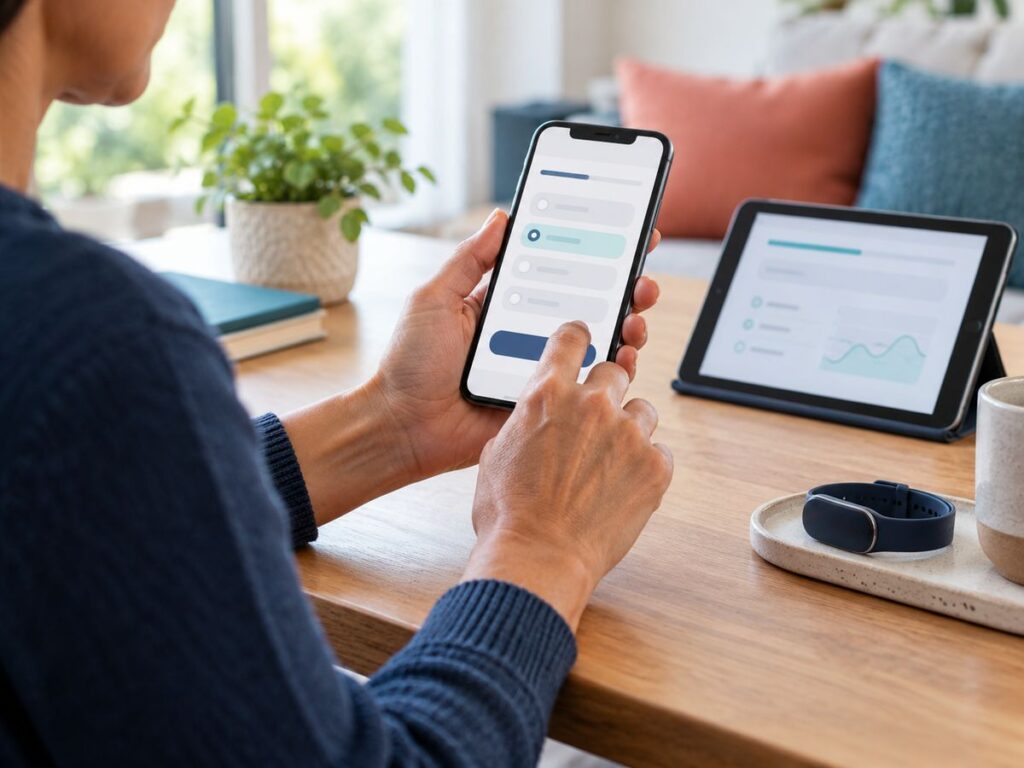 A participant completes an electronic questionnaire on their phone at home
