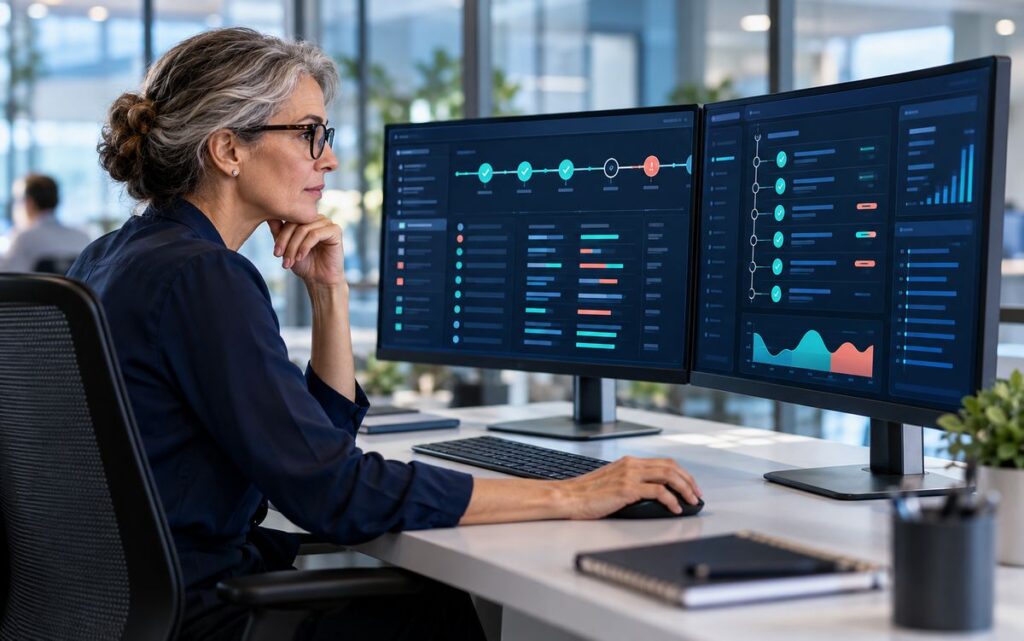 A data manager monitors study progress and data-quality checks on two screens