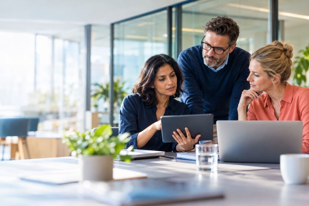 Three colleagues review a study build on a tablet and laptop