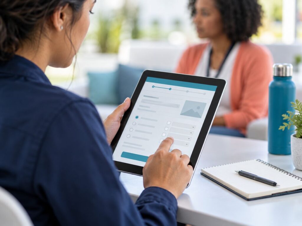 A study coordinator enters visit data on a tablet while a participant waits